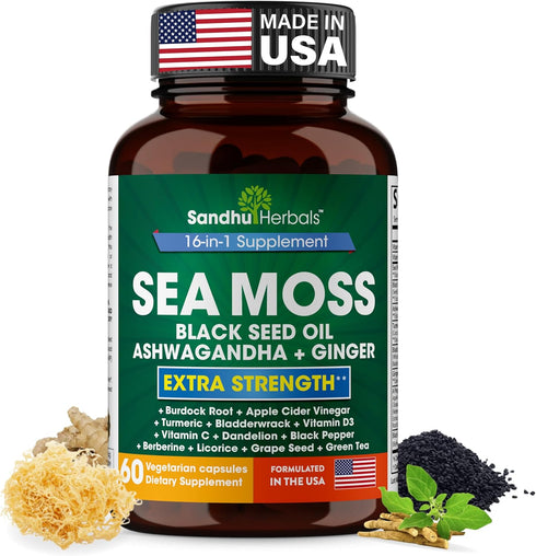 Sea Moss Black Seed Oil Ashwagandha Ginger Burdock Root Turmeric Black Pepper | All in 1 Supplement, 60 Capsules | Seamoss Pills for Men & Women |...