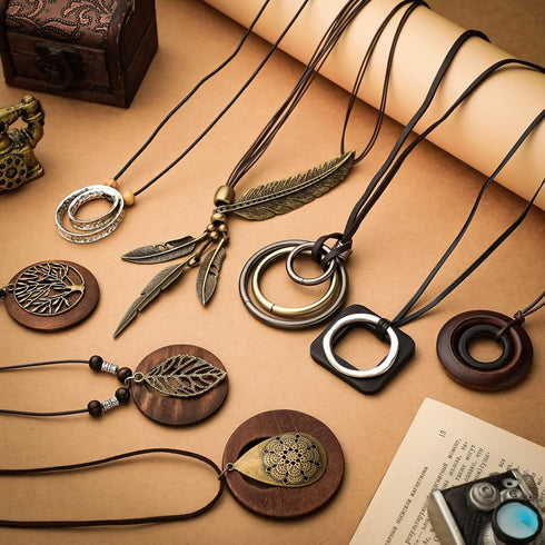 8 Pcs Long Wooden Pendant Necklaces for Women Bohemian Sweater Necklace Set Wooden Faux Leather Long Necklaces for Women Men Vintage Necklace Boho...