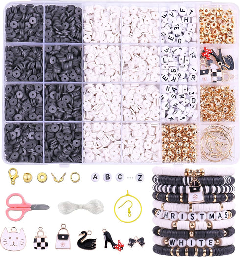 Wuollgess 3500 PCS Black White Clay Beads Kit for Bracelets Making, Polymer Heishi Beads for Jewelry Making, Friendship Bracelet Kit for Adults, L...
