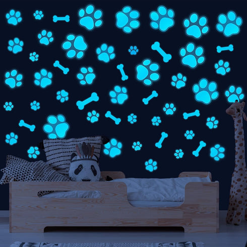 Dog Paw Print Stickers Glow in The Dark Wall Decals Pup Dog Room Decor Stickers Vinyl Dog Paw Bone Wall Decals Removable Animal Footprint Decal fo...