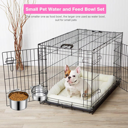 Pet Dog Food Water Bowl for Cage, Stainless Steel Non-Spill Kennel Hanging Cats Bowls with Clamp Holder Crate Feeder Dish for Small Medium Large D...