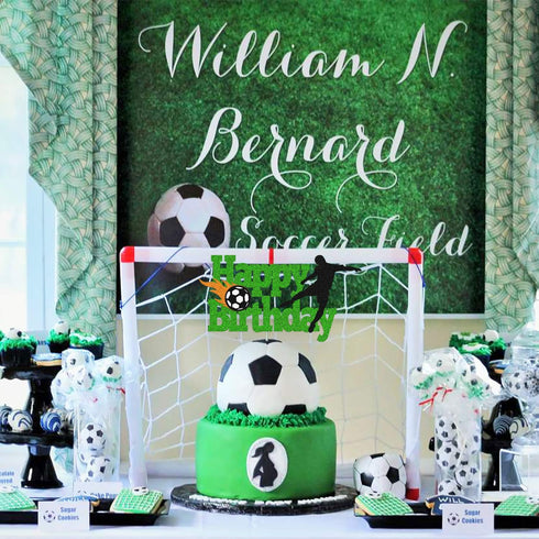 Soccer Cake Topper Happy Birthday Sign Football Player Cake Decorations for Sport Theme Man Boy Girl Birthday Party Supplies Double Sided Green Sp...