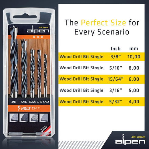 5 pcs Wood Drill Bit Set metric for Hard and Soft Wood - Extra Sharp Edges for Precise Holes and Effortless Drilling - Durable Drill Bit Kit for F...