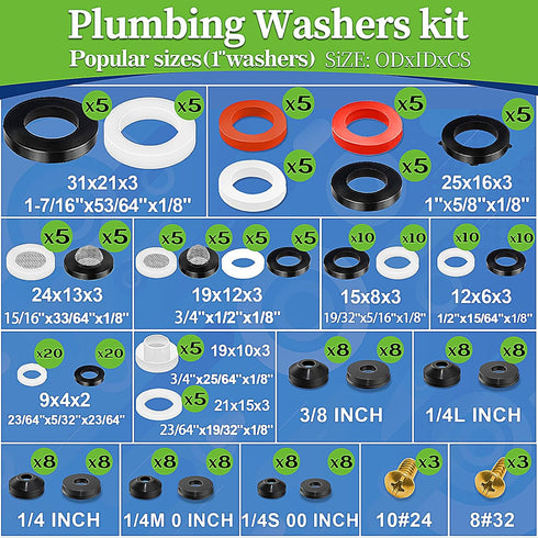 32 Size 258 Pcs Hose Spigot Repair Washer Assortment Kit for Assorted Outdoor Faucet Garden Hose Valve Stem Worn Out Plumber Outside Faucet Bib Sh...