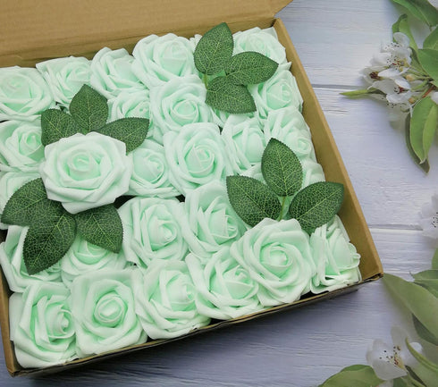 D-Seven Artificial Flowers 30PCS Real Looking Fake Roses with Stem for DIY Wedding Bouquets Centerpieces Party Baby Shower Home Decorations (Mint ...