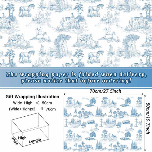 Bolsome 12Pcs French Style Wrapping Paper Blue White Vintage Village Printed Gift Wrap Paper Rustic French Toile Gift Wrap Paper for Wedding Brida...