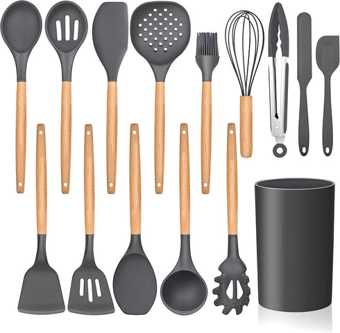 LIANYU 15-Piece Kitchen Silicone Cooking Utensils Set with Holder, Wooden Handle Kitchen Tools Include Spatula Tong Slotted Spoon Turner Whisk Bru...