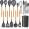 LIANYU 15-Piece Kitchen Silicone Cooking Utensils Set with Holder, Wooden Handle Kitchen Tools Include Spatula Tong Slotted Spoon Turner Whisk Bru...