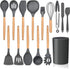 LIANYU 15-Piece Kitchen Silicone Cooking Utensils Set with Holder, Wooden Handle Kitchen Tools Include Spatula Tong Slotted Spoon Turner Whisk Bru...