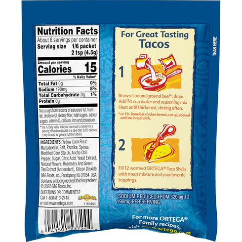Ortega Seasoning Mix, 40% Less Sodium Taco Seasoning, 1 Ounce (Pack of 12)...