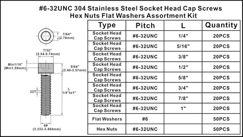 #6-32 UNC Stainless Steel Hex Socket Head Cap Screws Hex Nuts Flat Washers Assortment Kit...