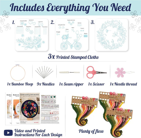 Embroidery Starter Kit for Beginners with Instructions, 3 Stamped Designs, 1 Bamboo Hoop, Thread Set, 9 Needles, Scissor, Threader, Seam Ripper......