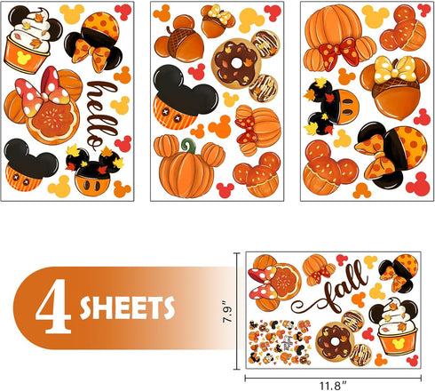 Mfault Hello Fall Cartoon Mouse Window Clings 4 Sheets, Autumn Pumpkin Doughnut Acorn Cupcake Stickers Decals Decorations, Maple Leaves Seasonal H...