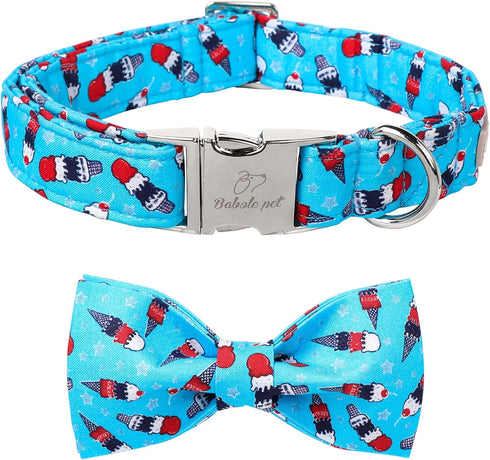 Dog Collars with Bow Tie,Summer Blue ice Cream Star Dog Collar with Safety Metal Buckle Adjustable Puppy Collars for Small Medium Large Dog,Flag B...