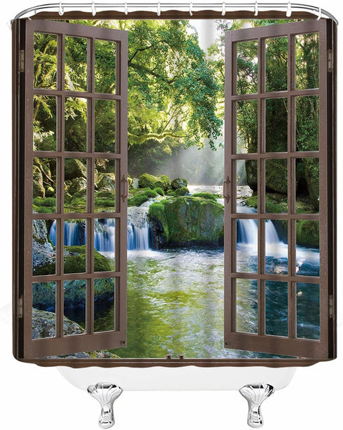 Waterfall Shower Curtain 3D Forest Green Tree Stone Rainforest River Jungle Landscape Spring Nature Scene Through Wooden Windows Fabric Bathroom D...