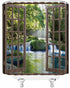 Waterfall Shower Curtain 3D Forest Green Tree Stone Rainforest River Jungle Landscape Spring Nature Scene Through Wooden Windows Fabric Bathroom D...
