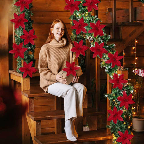 Homcomoda Christmas Red Artificial Flower Faux Poinsettia Bush Fake Flowers for Holiday Wedding Home Decoration 7 Heads 4 Bouquets...