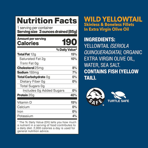 Wild Planet Wild Yellowtail Fillets in Organic Extra Virgin Olive Oil, Skinless & Boneless, Tinned Fish, Sustainably Wild-Caught, Non-GMO, Kosher,...