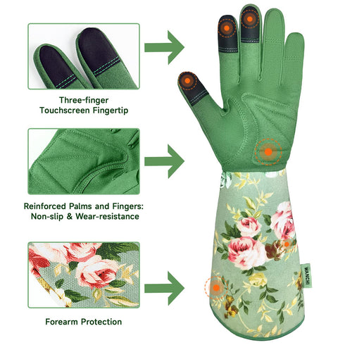 WANCHI Gardening Gloves, Durable and Comfortable Women's Long Garden Gloves for Gardening Work and Yard Work, Leather Gardening Gloves for Women, ...