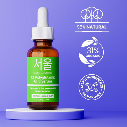 SeoulCeuticals Organic Polyglutamic Acid Serum - Korean Skin Care + Hyaluronic Acid + Centella Asiatica - K Beauty Anti Aging - Healthy Glowing Sk...