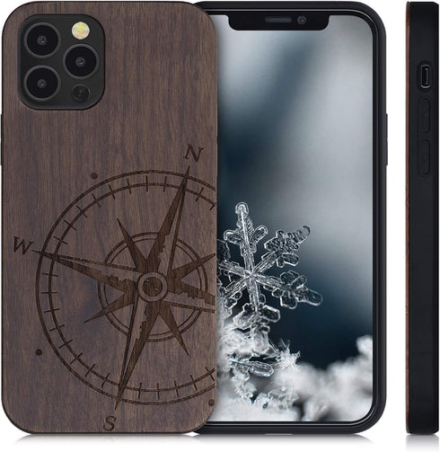 kwmobile Wood Case Compatible with Apple iPhone 12 / iPhone 12 Pro Case - Cover - Navigational Compass Dark Brown...