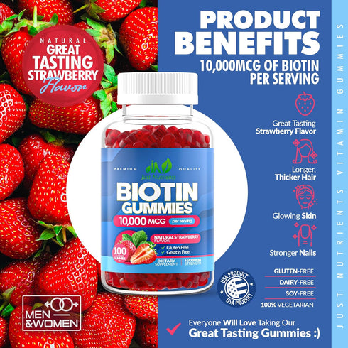 Biotin 10,000mcg Gummies for Women & Men (100 Count) - 2x Extra Strength Biotin for Hair Growth, Skin & Nails - Gluten-Free, Vegan, Non-GMO, Great...