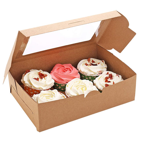 30-Set Cupcake Boxes with Inserts and Window Hold 6 Cupcakes, 9.4'' x 6.3'' x 3'', Brown Food Grade Kraft Cupcake Holder for Cookies, Muffins, Bak...