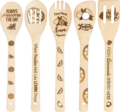 5Pcs Lemon Wooden Cooking Spoons Set, Summer Lemon Theme Kitchen Cooking Utensils Natural Non-Stick Carve Burned Bamboo Spoon Slotted Spatulas Coo...