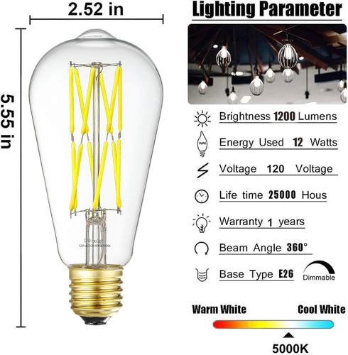 LEOOLS Dimmable E26 LED Filament Light Bulbs, 100 Watt Equivalent,5000K Daylight White,Classic Clear Glass Edison Style Vintage LED Light Bulbs,4 ...