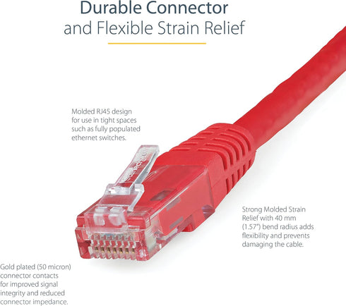 StarTech.com 20ft CAT6 Ethernet Cable - Red CAT 6 Gigabit Ethernet Wire -650MHz 100W PoE++ RJ45 UTP Molded Category 6 Network/Patch Cord w/Strain ...