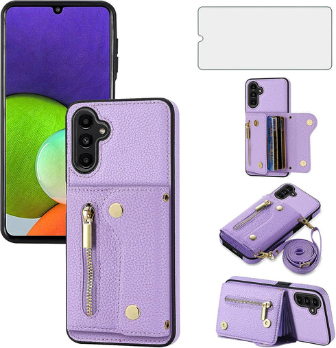 Asuwish Phone Case for Samsung Galaxy A13 5G Zipper Wallet Cover with Screen Protector and Card Holder Slot Shoulder Crossbody Strap Cell A04S M13...
