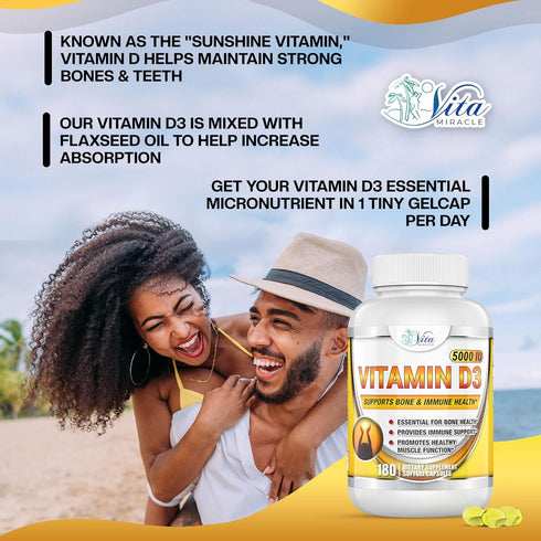 Vitamin D3 5000 IU Softgels High Potency Vitamin D Supplements for Women Men in Organic Flaxseed Oil May Support Healthy Bones Heart Muscle Functi...