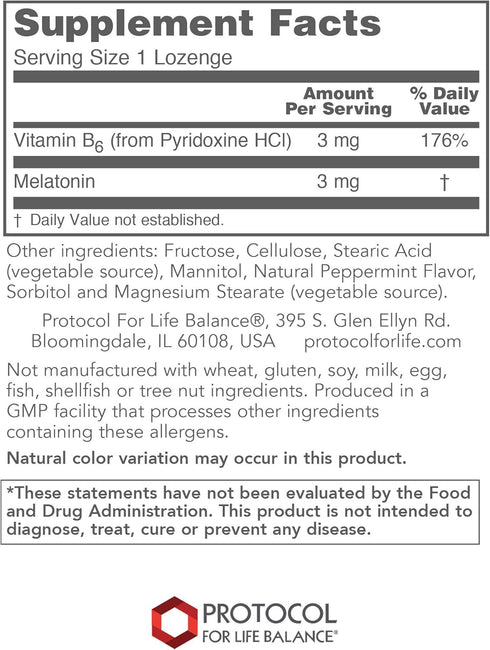 Protocol Melatonin 3mg with Vitamin B6 - Immune and Sleep Support - 120 Lozenges...
