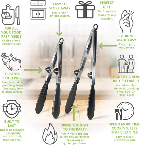 Oliver's Kitchen ® Tongs - 2x Food Safe Silicone Cooking Tongs - Locking Clip for Easy Storage - Great for BBQ - Easy To Use & Grip Kitchen Tongs ...