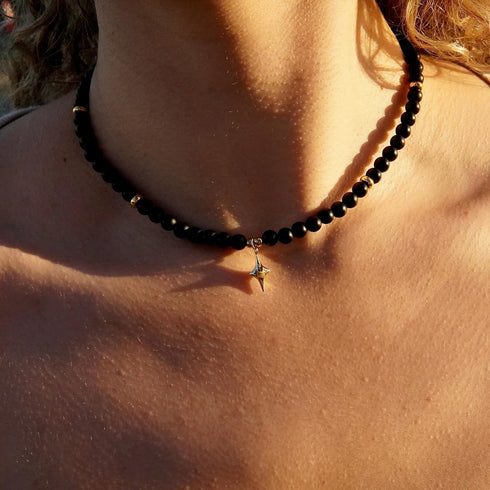 Black Onyx Choker Bead Necklace Crystal Collar | Dainty Star Pendant Cubic Zirconia Stone Vintage Lightweight Celestial Gold Jewelry for Women...