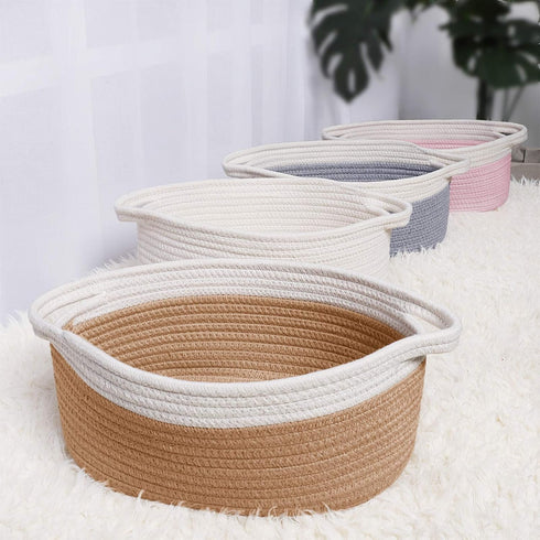 ABenkle Cute Small Woven Basket with Handles, 12"x 8" x 5" Rope Room Shelf Storage Basket Chest Box for Cat and Dog Toys, Empty Decorative Gift - ...