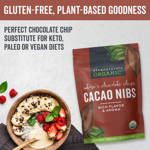 Viva Naturals Organic Cacao Nibs, 8 oz (227 g) - Keto Friendly and Vegan, Unsweetened Chocolate Chip Substitute, Perfect for Gluten Free Baking, C...