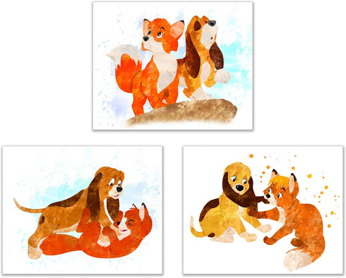 Fox and The Hound - Set of 3 (8 inches x 10 inches) Poster Prints - Cute Watercolor Photos...