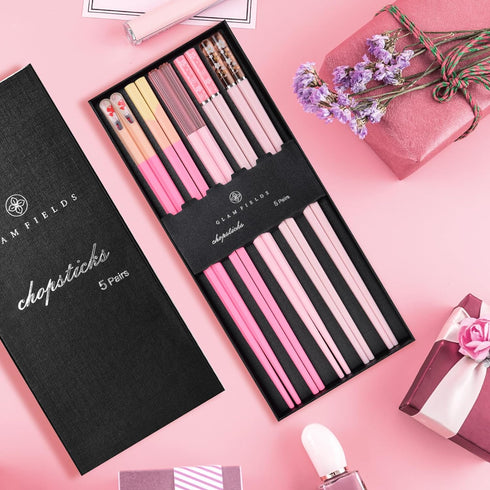 Chopsticks Reusable Dishwasher Safe, GLAMFIELDS 5 Pairs 9.5 Inches Premium Chop Sticks Set for Sushi, Ramen, Asian Cuisine, Matte Non-slip with Gi...