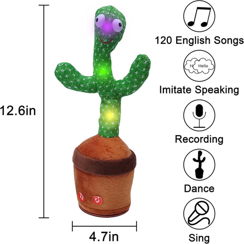 Dancing Cactus Toy with Music, Lights - Talking, Recording, Repeating Mimic Toy for Babies, Toddlers - Cute Green Cacti Stuffed Plush w/120 Songs,...