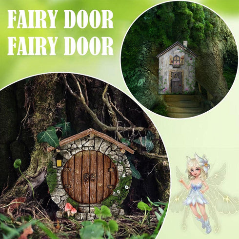 Fairy Garden Doors and Windows for Trees Miniature Fairy Gnome, Statues Wall and Trees Outdoor Wooden Doors and Windows in The Yard Garden Trees G...