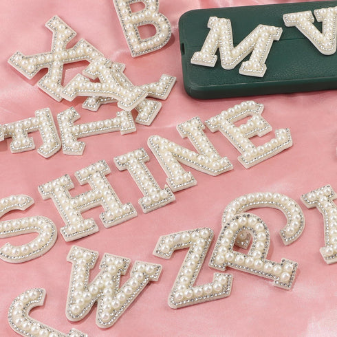 52 Pcs Pearl Letter Patches, Self Adhesive A-Z Glitter Alphabet Patches Bling Rhinestone Letter Patches with Rhinestone Sticker for Craft Bags Hat...