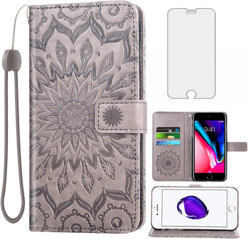 Phone Case for iPhone 7/8/SE 2020/2022 Wallet with Tempered Glass Screen Protector Leather Flip Cover Card Holder Stand iPhone7 iPhone8 SE2020 SE2...