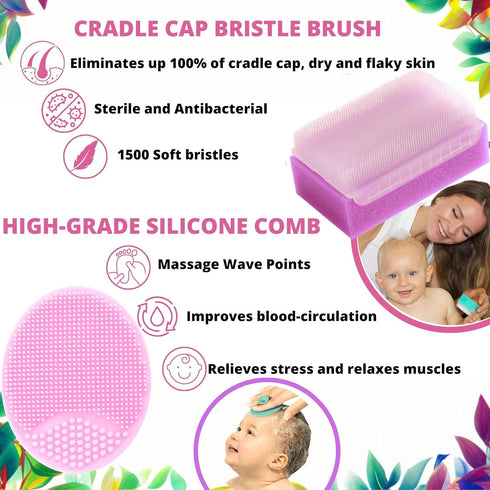 Cradle Cap Treatment Kit for Baby Girl | Baby Cradle Cap Brush for Babies - Baby Bath Essentials | Cradle Cap Comb & Baby Bath Sponge (Pink 6-Pack...