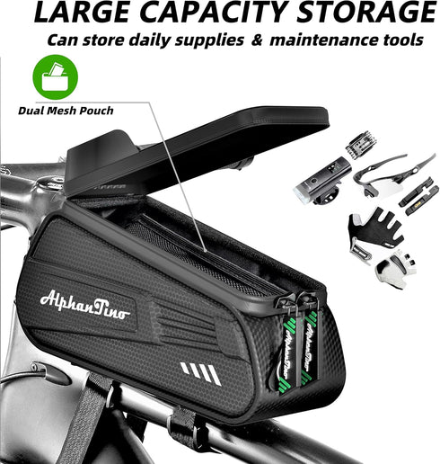 Bike Phone Holder Bag -Waterproof Bicycle Accessories Pouch Hard Case Large Capacity Top Tube Front Frame Cycling Mount Bag, TPU Touch-Screen & Su...