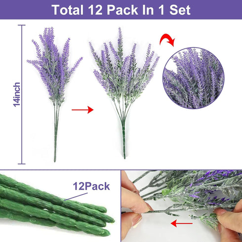TURNMEON 12 Bundles Artificial Lavender Flowers Fake Flowers Artificial Plants Outdoor UV Resistant Flocked Faux Plastic Shrubs Wedding Bouquet Wi...