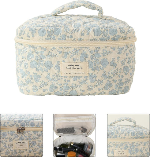 2PCS Quilted Makeup Bag,Large Floral Cosmetic Bag,Cotton Makeup Bag Set, Coquette Aesthetic Floral Travel Makeup Organizer Bag...