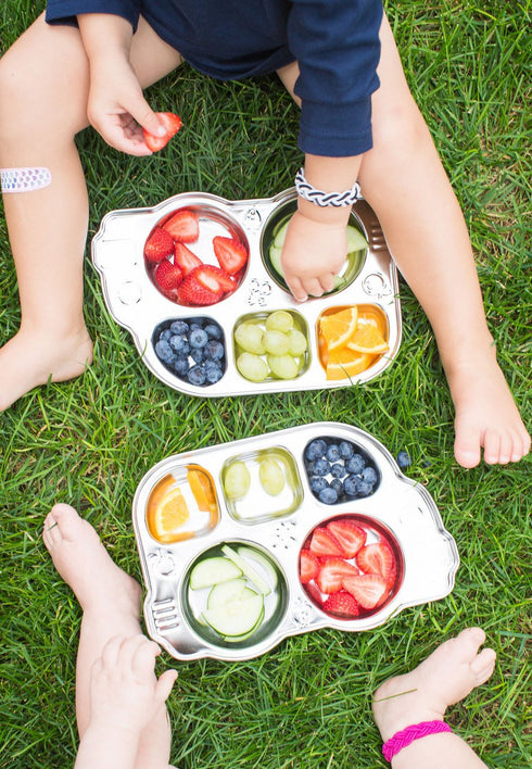 Innobaby Stainless Bus Plate with Airtight Sectional Lid, The Original, Leak-Resistant Divided Platter, Mom Invented Fun Shape Plate Din Din SMART...