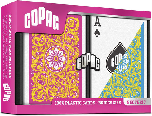 Copag 1546 Neoteric Design 100% Plastic Playing Cards, Bridge Size (Narrow) Regular Index Yellow/Pink/Blue Double Deck Set...