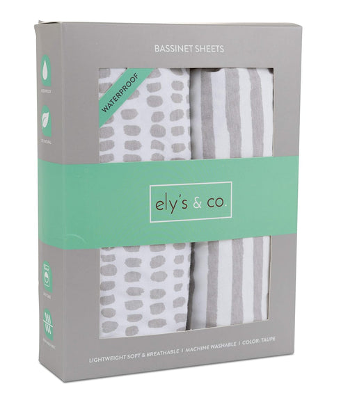 Ely's & Co. Patent Pending Waterproof Bassinet Sheet, No Need for Bassinet Mattress Pad Cover, 2 Pack Neutral Taupe Grey Splash & Stripes,for Baby...